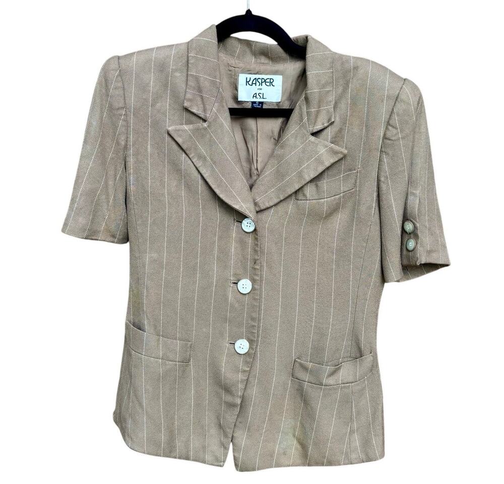 Vintage 1980s Kasper ASL Pinstripe Blazer Jacket Short Sleeve Brown Academia